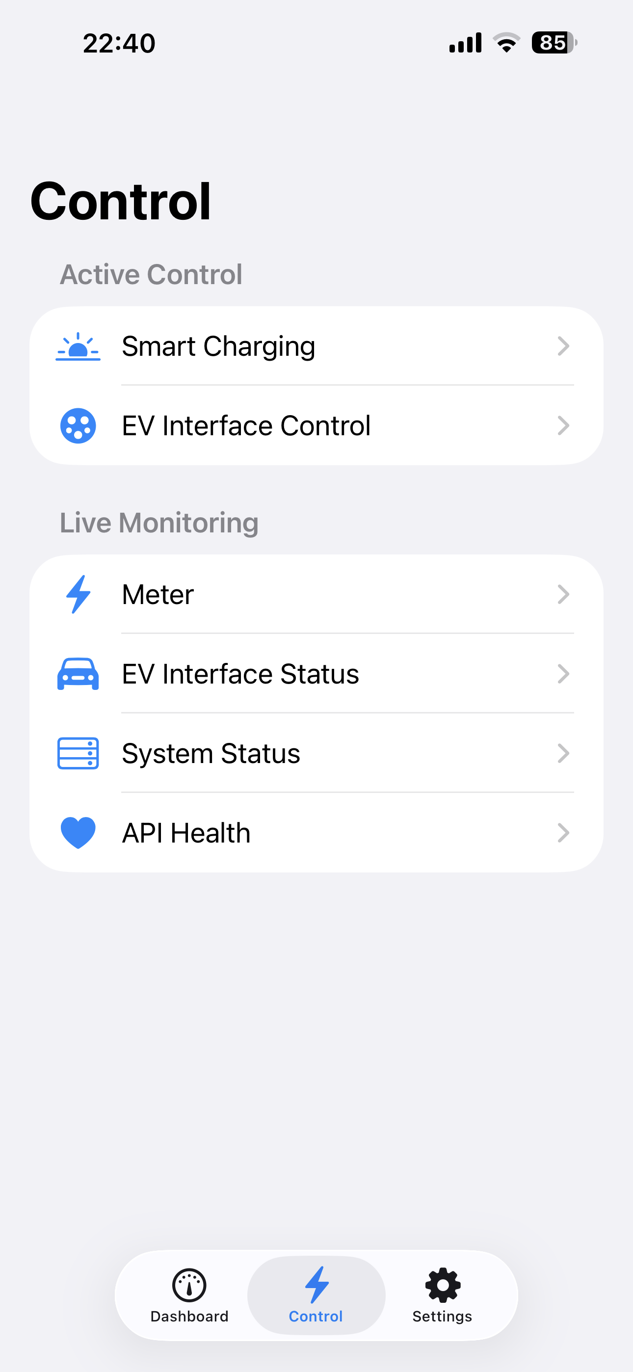 Control screen with active control and live monitoring sections