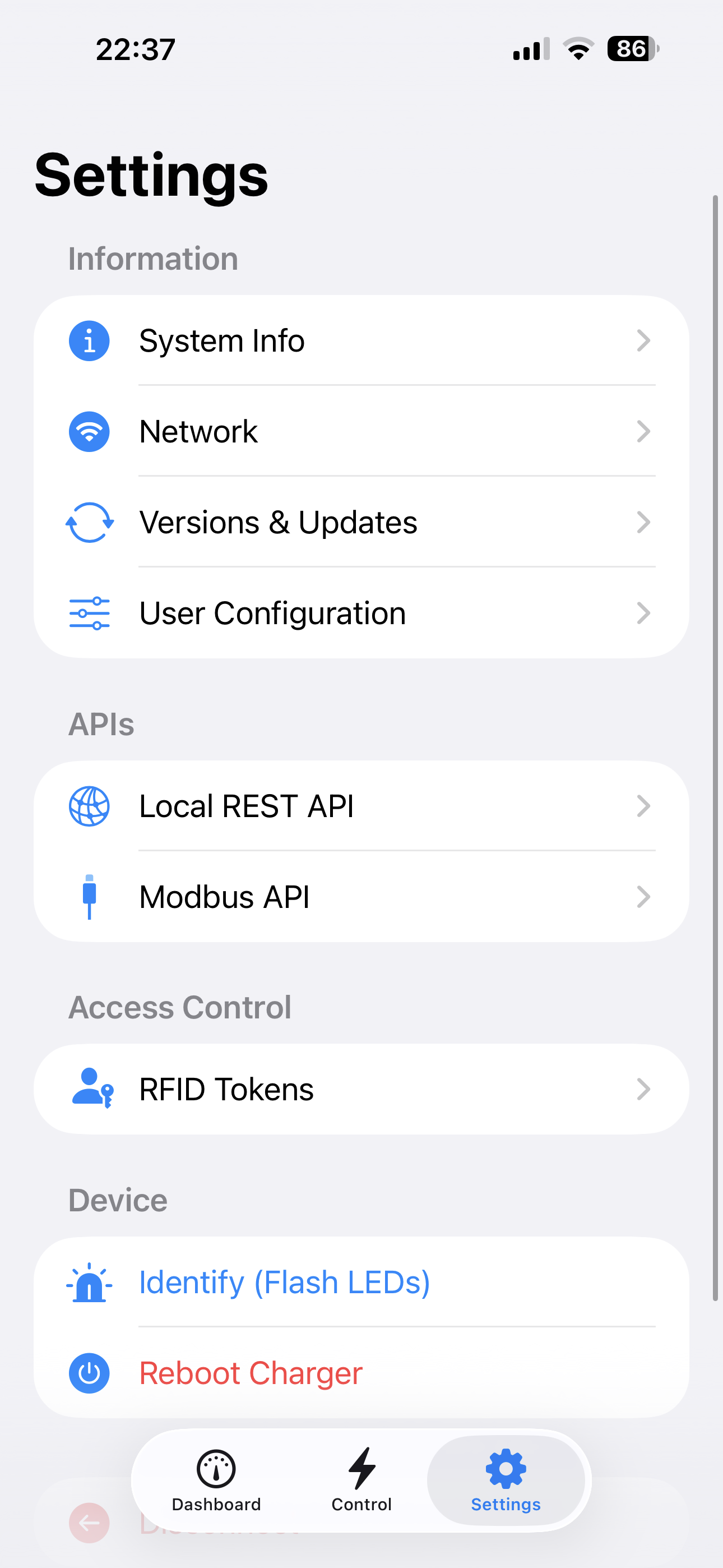 Settings screen with system info, APIs, RFID tokens and device controls